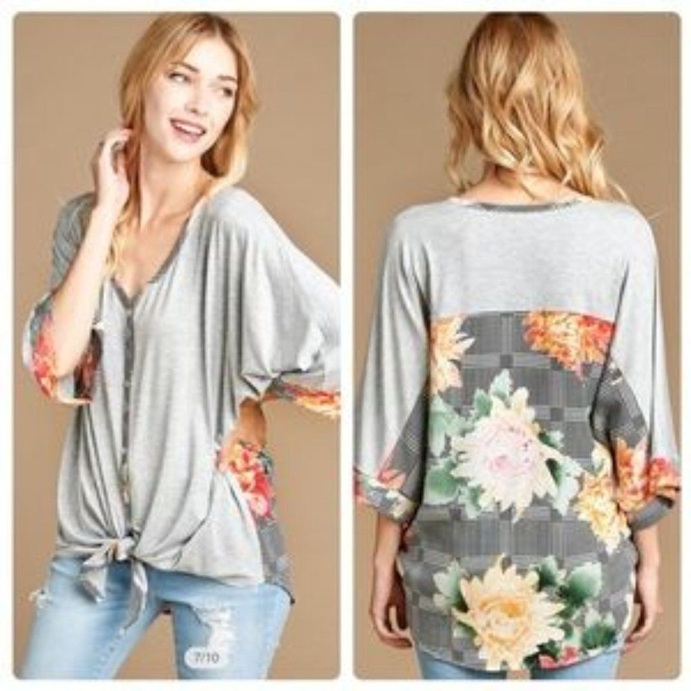 Button down,âVâneck,âtieâfrontâblouse